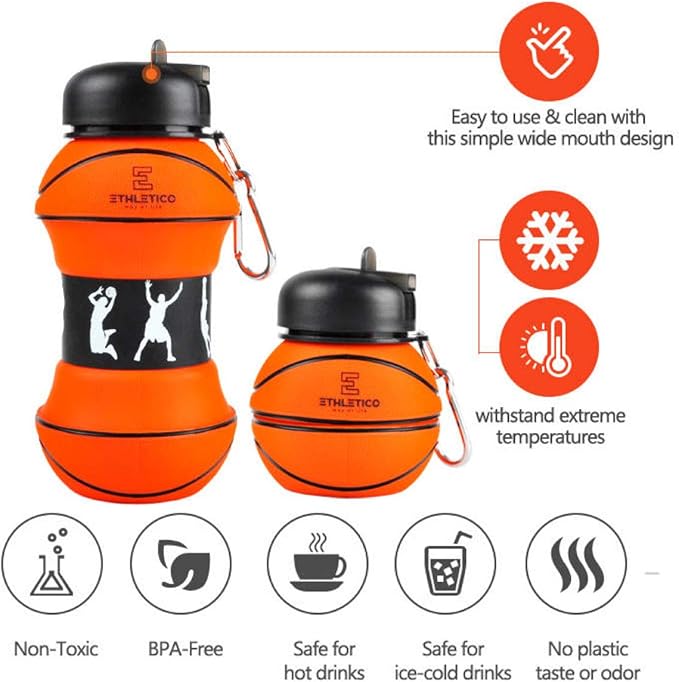 Collapsible Water Bottles with Carabiner Food Grade Sports Water Bottle for Gift Kids Folding Water Bottle for Hiking, School, GYM, Sports and Travelling 19 Oz/550ml (Basketball)