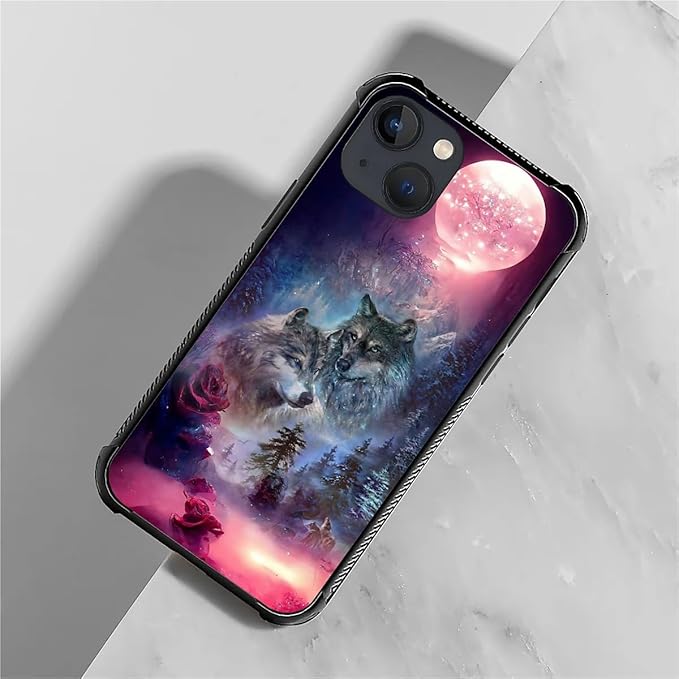 for iPhone 13 Mini Case, Star Two Wolfs Howling Pattern Graphic Design Girl Boy Soft Silicone Hard Acrylic Shock Protection for iPhone 13 Mini