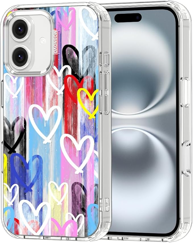 MOSNOVO for iPhone 16 Plus Case, Shockproof Military-Grade Protection 6.6ft Drop Tested, Clear Phone Case for iPhone 16 Plus, Graffiti Hearts Design