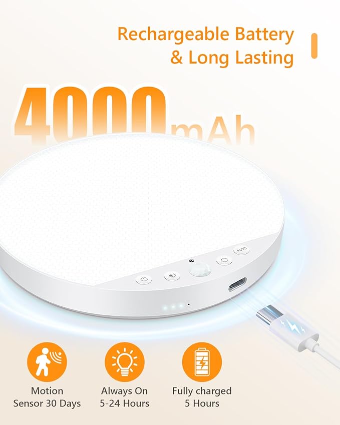 Rechargeable 6W Motion Sensor Ceiling Light Indoor, No Wiring & Magnetic Stick-On, Remote Control for Color & Brightness, Battery Operated Light for Shower, Closet, Bathroom, Pantry, Hallway, 2-Pack