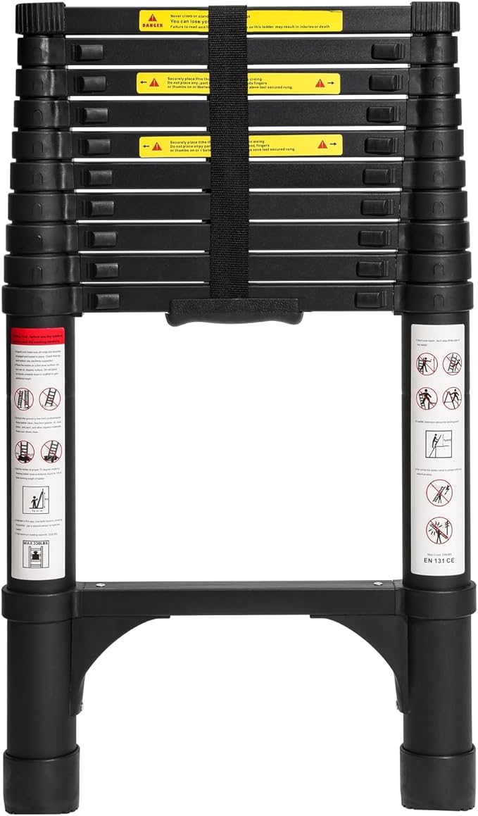 BOCOM 10.5 FT Aluminum Telescoping Ladder, Lightweight Multi-Purpose Collapsible Extension with 2 Triangle Stabilizers, Heavy Duty 330 lbs Max Capacity, Ideal for Home, RV, and Outdoor Work Black