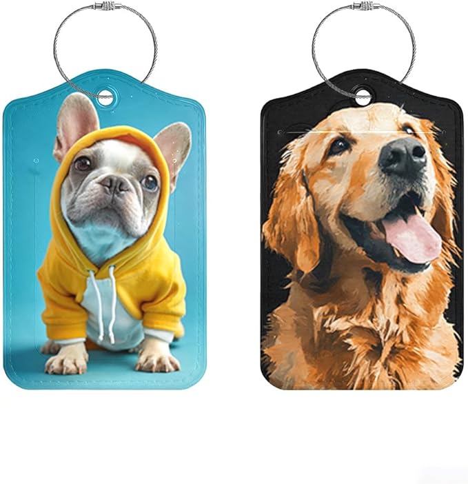 2 Pack Cute Dog Luggage Tags for Suitcases, Golden Retriever & Frenchie ID Tags with Privacy Cover, PU Leather Bag Identifiers, Spring & Summer Travel Essentials, Mother's Day