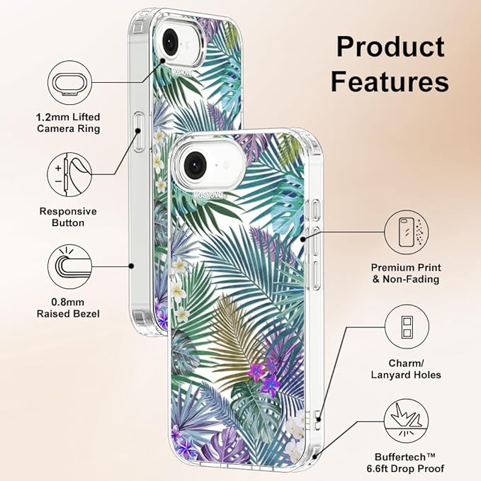 MOSNOVO for iPhone 17e Case/iPhone 16e Case, Shockproof Military-Grade Protection 6.6ft Drop Tested, Clear Phone Case for iPhone 16e / iPhone 17e, Tropical Rainforests Design