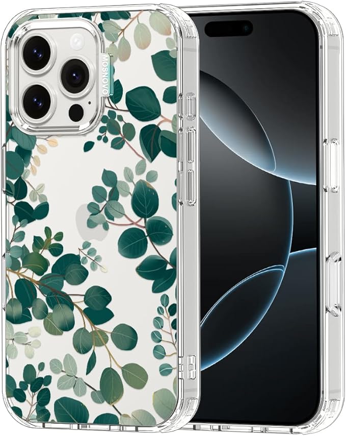 MOSNOVO Case for iPhone 16 Pro Max, [Buffertech 6.6ft Military-Grade Drop Protection] [Anti Peel Off Tech] Clear TPU Bumper Phone Case Cover Design - Eucalyptus