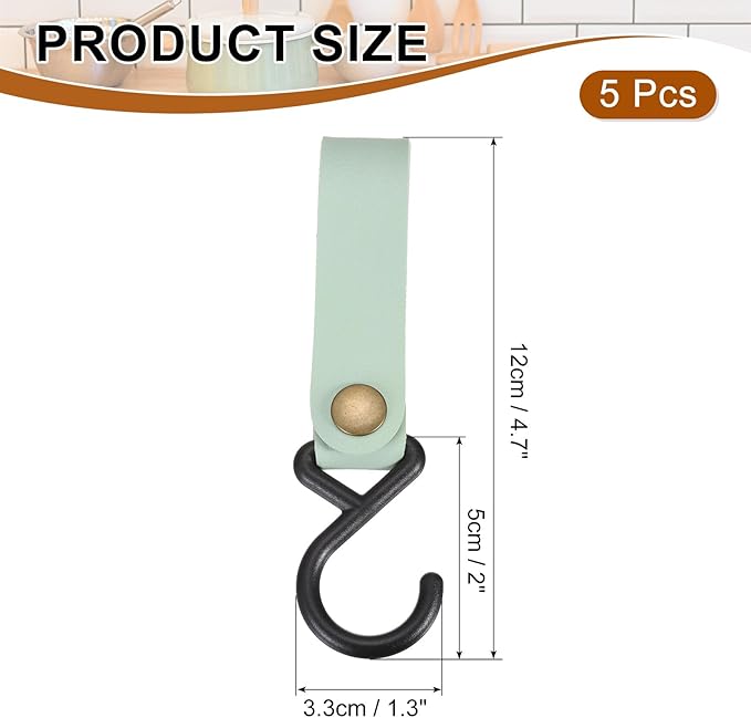 uxcell 5pcs PU Leather Hooks, Leather Straps with Hooks, S-Shape Hooks for Outdoor Camping Hanging Pots Pans Utensils Green