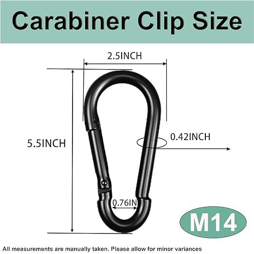 Black Carabiner, Heavy Duty Galvanized Steel Spring Snap Hook Carabiner Clips with 1350LBS Holding Capacity, Ideal for Outdoor, Hammock, Swing and Travel (4PCS M14 5.5Inch)