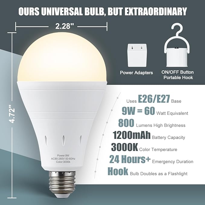 10Pack Rechargeable Emergency Light Bulb, A19 9W Warm White 3000K Self-Charging LED Light Bulb,1200mAh Battery Backup Light Bulbs for Daily,Home Emergency,Outdoor Portable Use