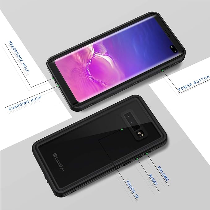 Lanhiem for Samsung Galaxy S10+ Plus Case, IP68 Waterproof Dustproof Case with Built-in Screen Protector, Rugged Full Body Shockproof Protective Cover for Galaxy S10 Plus (Black/Clear)