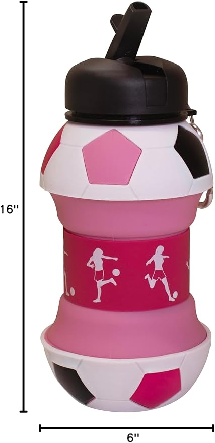 Maccabi Art Clip-On Collapsible BPA-Free Silicone Pink Soccer Ball Water Bottle for Kids, 18 Oz. Size