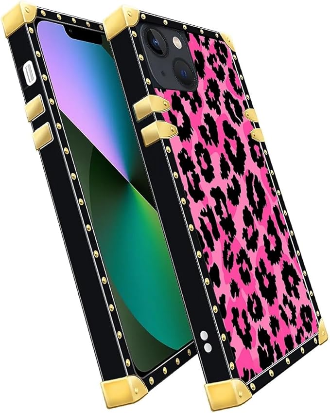 Compatible with iPhone 13 Case, Pink Black Leopard Luxury Golden Decoration for Girl Women Soft TPU Shockproof Protective Hard PC Back for iPhone 13