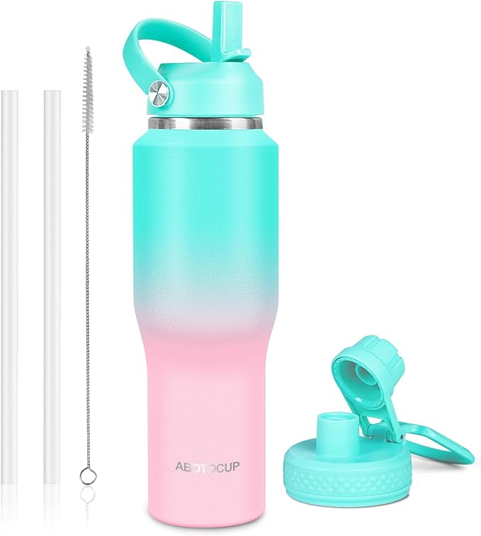 ABOTOCUP 32oz Insulated Water Bottle, Fit in Any Car Cup Holder, Water Bottle with Straw Lids, Stainless Steel Insulated Water Flask Double Wall Leak-proof BPA Free to Keep Cold&Hot