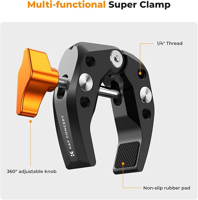 K&F CONCEPT Camera Mount Clamp, Super Crab Clamp with 1/4" Thread Holes, 60mm Max Opening for Round Pipe Flat Surface, Monitors, LED Lights, and Other Photographic Accessories