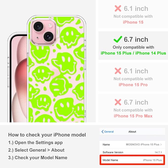 MOSNOVO Case for iPhone 15 Plus/iPhone 14 Plus, [Buffertech 6.6ft Military-Grade Drop Protection] [Anti Peel Off Tech] Clear TPU Bumper Phone Case Cover Design - Distorted Green Smiles Face