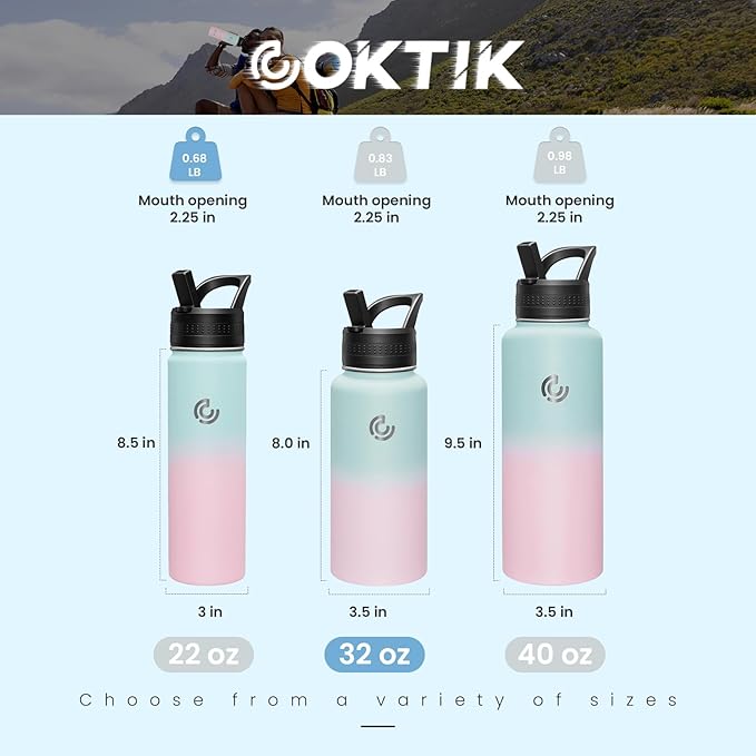 COKTIK 32oz Sports Water Bottle, Stainless Steel Water Bottle for Insulated, Reusable Travel Bottle, With Straw, With Handle Grip for Easy Carrying, Suitable for Cycling, Outdoor Vacations(Bubble Gum)