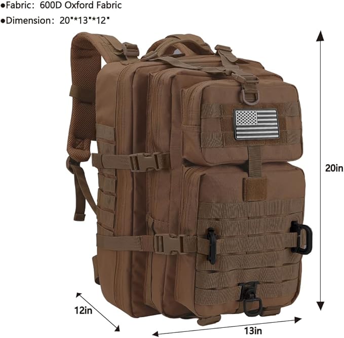 Hannibal Tactical MOLLE Assault Backpack, Tactical Backpack Military Army Camping Rucksack, 3-Day Pack Trip w/USA Flag Patch, D-Rings, Dark Brown