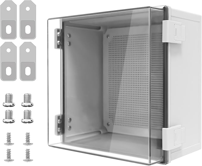 Junction Box, IP65 Waterproof Dustproof ABS Plastic Enclosure, Outdoor and Indoor Project Box Hinged Clear Cover with Mounting Plate Wall Brackets, Outer Dimension 11.8"x 11.8" x 7.1", Grey