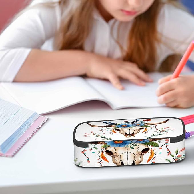 Cow Skull Pencil Holder Bag Bull Head Flowers Feathers Boho Style Pencil Case College Office School for Teens Boy Girl