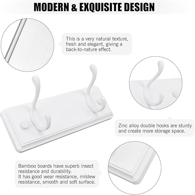 Badiano Wooden Coat Rack, Wall-Mounted Organizer for Closet, Entryway, Hallway, Foyer, Bedroom, Heavy Duty Double Hooks for Hanging Towels, Bags, Hats, Jackets, Key (White, 2 Hooks)