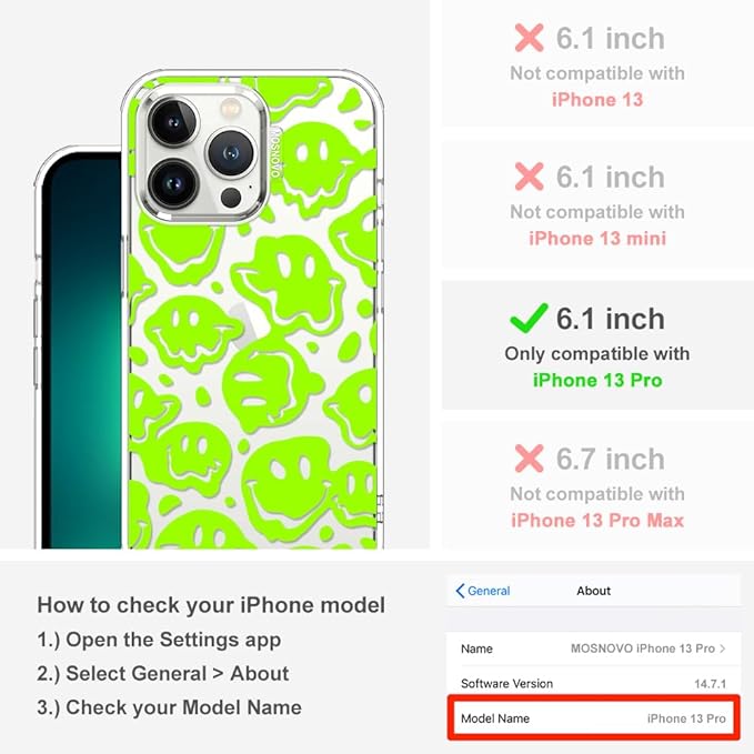 MOSNOVO Case for iPhone 13 Pro, [Buffertech 6.6ft Military-Grade Drop Protection] [Anti Peel Off Tech] Clear TPU Bumper Phone Case Cover Design - Distorted Green Smiles Face