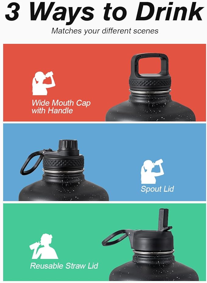 Coolflask 128 oz Gallon Water Bottle Insulated with Straw&3 Lids, Water Jug Large Stainless Steel Metal Vacuum Wide Mouth for Sports, Gym or Office, Non-BPA Keep Cold 48H Hot 24H, Starry Night