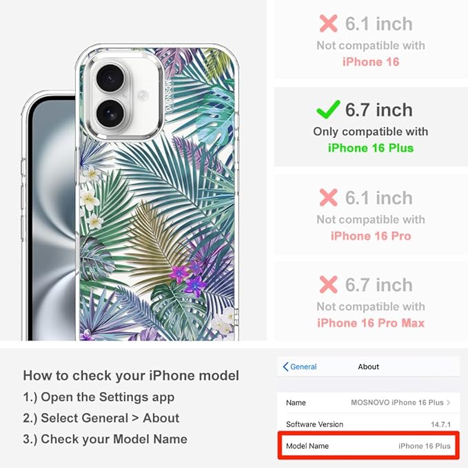 MOSNOVO Case for iPhone 16 Plus, [Buffertech 6.6ft Military-Grade Drop Protection] [Anti Peel Off Tech] Clear TPU Bumper Phone Case Cover Design - Tropical Rainforests