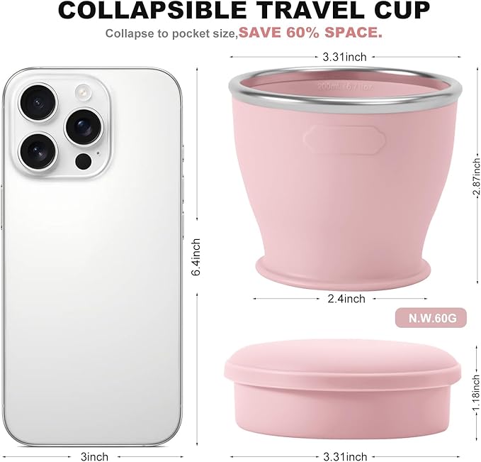 Collapsible Travel Cup, BPA-Free Reusable Water Cup, Lightweight Drinking Cups with Lids and Carrying Strap, Dishwasher Safe Silicone Cups for Camping, Travel, Airports, Hotel (6.7oz, Pink)