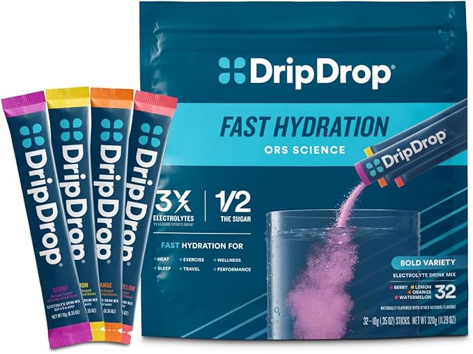 DripDrop Hydration Packets - Bold Variety Pack - Single Serve Electrolytes Powder Drink Mix - Watermelon, Berry, Lemon, Orange - Non-GMO, Gluten Free, Vegan - 32 Sticks