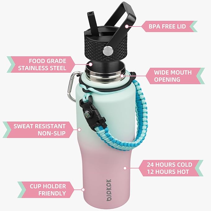 BJPKPK Insulated Water Bottles with Straw Lid, 23oz Metal Water Bottle with 2 lids & Paracord Strap, Double Wall Stainless Steel Vacuum Tumblers, Cups, Mugs, Thermo for Hot& Cold Drinks, Marshmallow