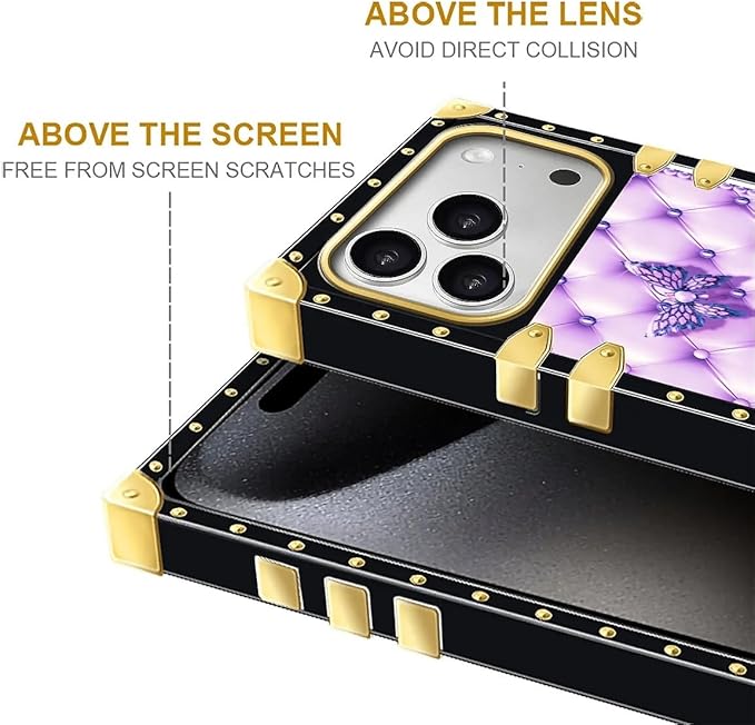 for iPhone 17 Pro Max Case Luxury Golden Decoration for Girl Women Soft TPU Shockproof Protective Hard PC Back for iPhone 17 Pro Max Crazy Pattern Purple Butterfly Flowers Leaf