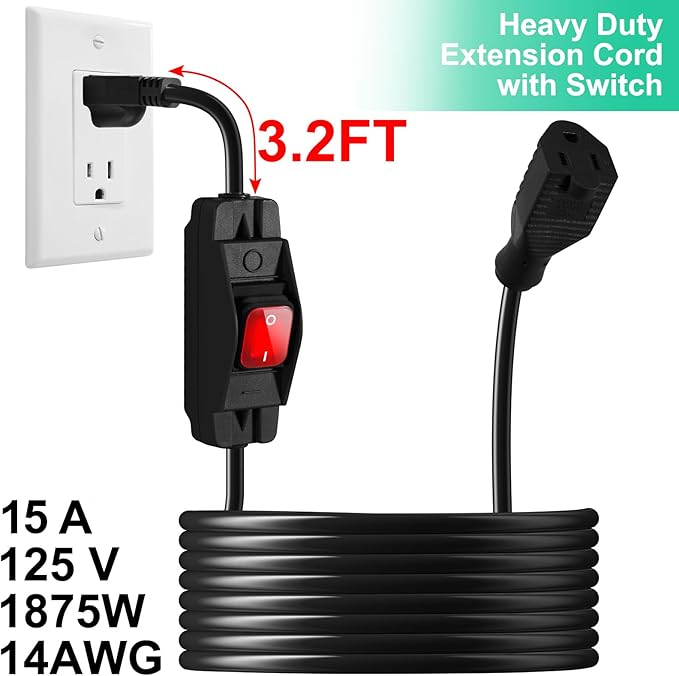 Outdoor Waterproof On/Off Switch Extension Cord, Heavy Duty 125v/250v Black SJTW Cord (15 Ft, Black)