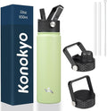 Konokyo 22oz Stainless Steel Bottles with 3 Lids Sport Insulated Water Bottle,Macaron Green