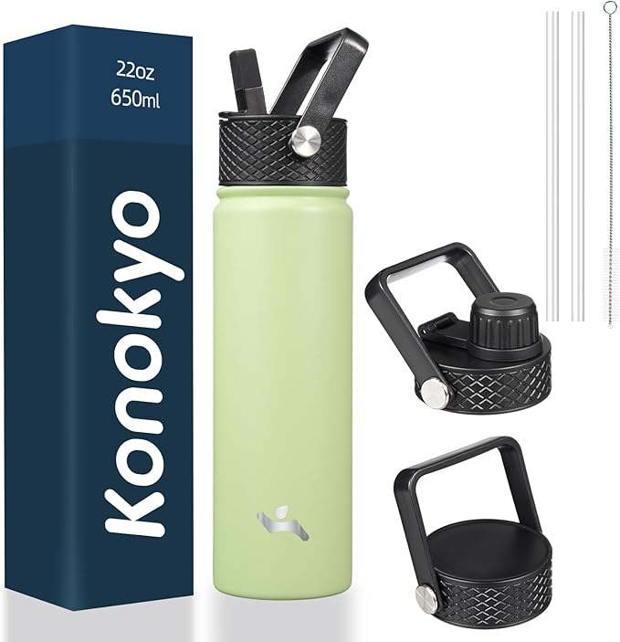 Konokyo 22oz Stainless Steel Bottles with 3 Lids Sport Insulated Water Bottle,Macaron Green