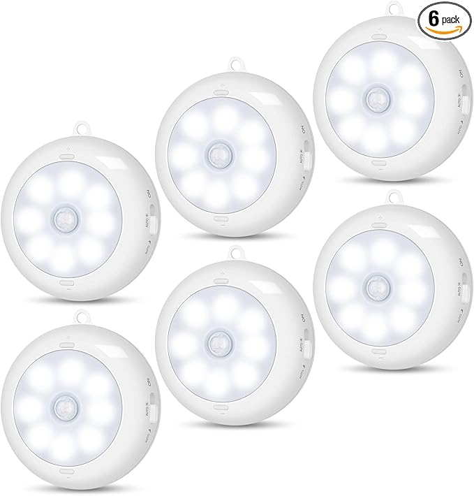 Reoshine Motion Sensor Light Indoor, Under Cabinet Light, Ceiling Lights, AA Battery Operated Stick on Wireless Puck Lights for Wall, Step, Stair, Dimmable (6 Pack)