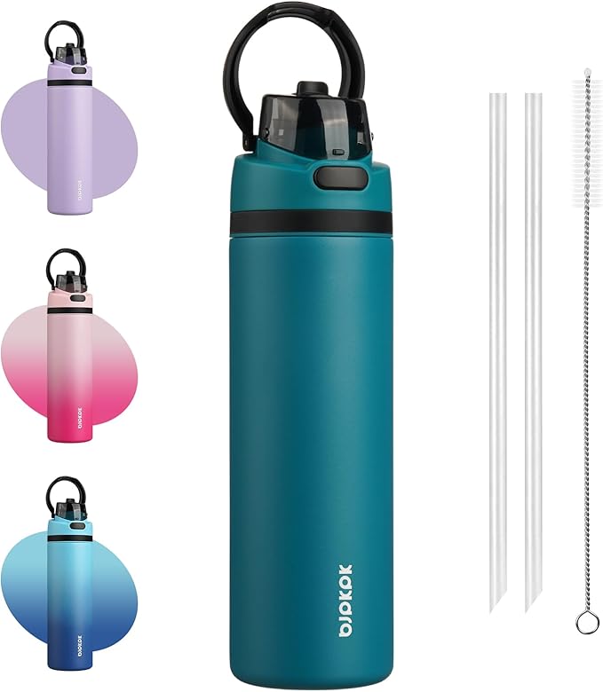 BJPKPK 25oz Insulated Water Bottle with 2-1 Straw Spout Lid, Stainless Steel Metal Water Bottles with Carry Handle, BPA Free, Leak-Proof, Fits in Car Cup Holder, Thermo for Sports,Ocean Blue