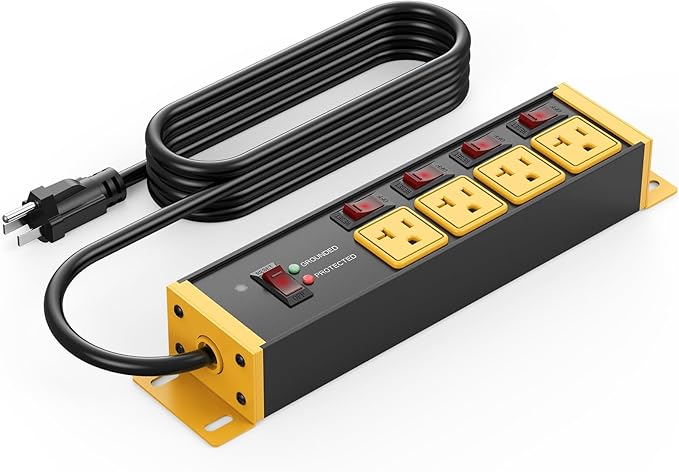 CCCEI Heavy Duty Surge Protector Power Strip 20 Amp Individual Switches. 20FT 12 Gauge Extension Cord with Multiple Outlets. Kitchen, Garage, Shop, Industrial Wall Mount Electric Extender, Yellow.