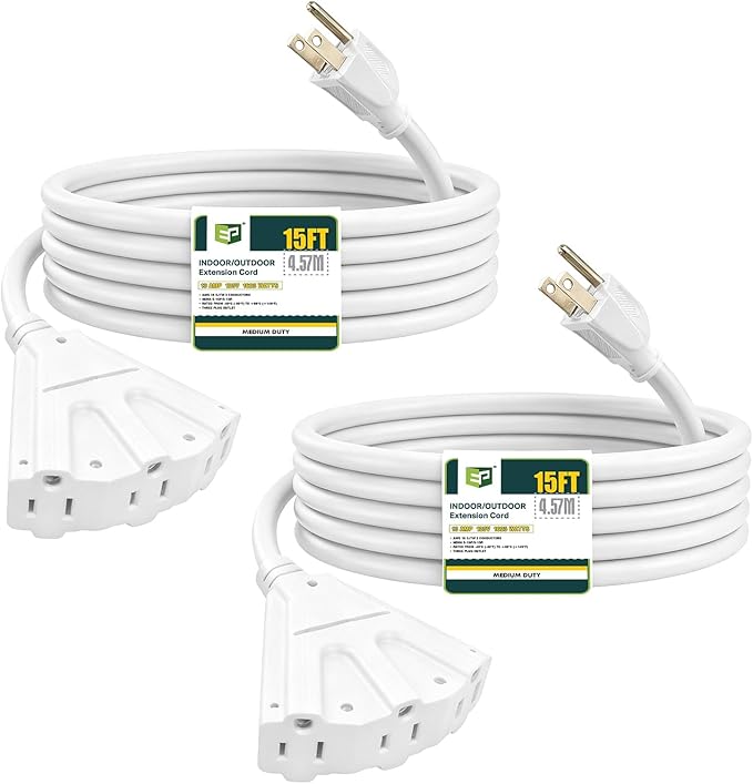 EP 2 Pack 15 Ft Outdoor Extension Cord with 3 Electrical Power Outlets - 16/3 SJTW White Cable with 3 Prong Grounded Plug for Safety Great for Christmas Lights, Garden and Major Appliances