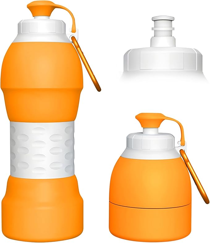 Collapsible Lightweight 20oz Water Bottle, Food-Grade Silicone BPA Free, Foldable Portable Leak Proof Office Travel Cycling Sports Outdoor Water Bottle with Vertical Hook (orange, long nozzle)