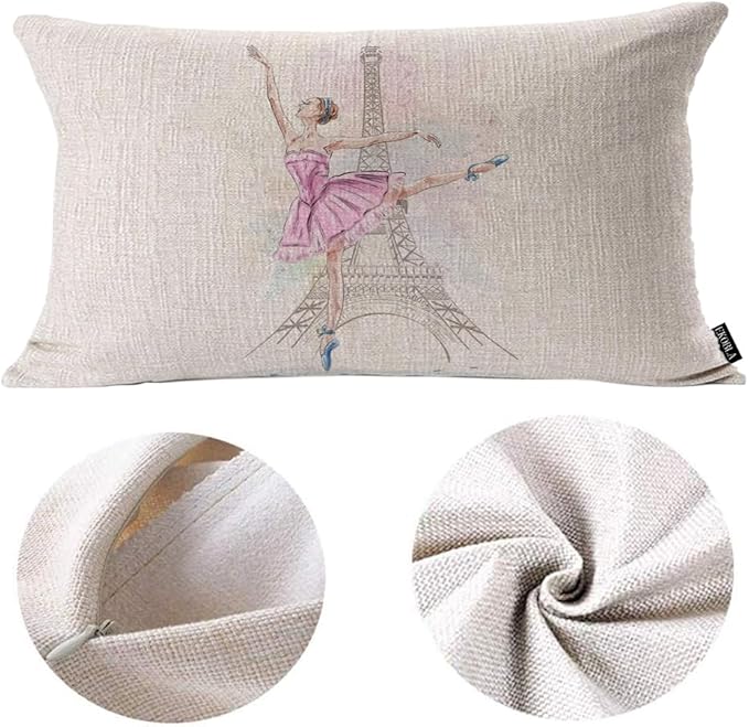 EKOBLA Eiffel Tower Rectangle Pillow Covers Paris Beautiful Ballerina Girl Dancer Posing Waist Rectangle Throw Pillow Case Cotton Linen for Men Women Sofa Home Decoration 12x20 Inches
