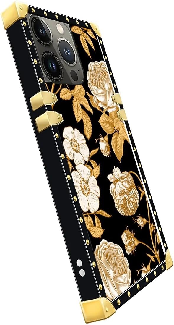 Compatible with iPhone 14 Pro Case, Blooming Rose Golden Flower Luxury Golden Decoration for Girl Women Soft TPU Shockproof Protective Hard PC Back for iPhone 14 Pro