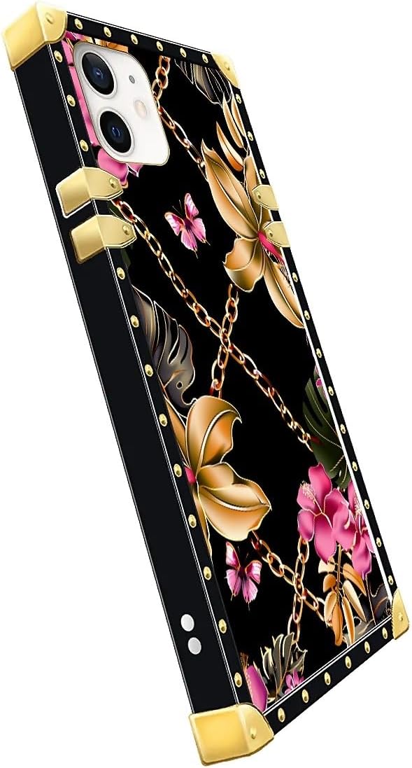 Compatible with iPhone 11 Case, Pink Golden Chain Tropical Flower Luxury Golden Decoration for Girl Women Soft TPU Shockproof Protective Hard PC Back for iPhone 11