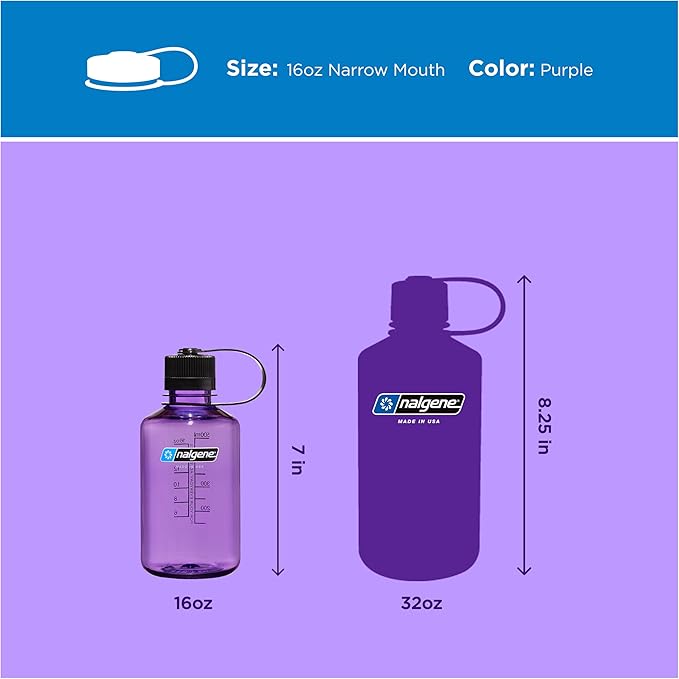 Nalgene 16 oz Narrow Mouth Water Bottle | BPA-Free, Durable & Leak Proof, Lightweight Travel Bottle, Fits in Cupholders, Purple