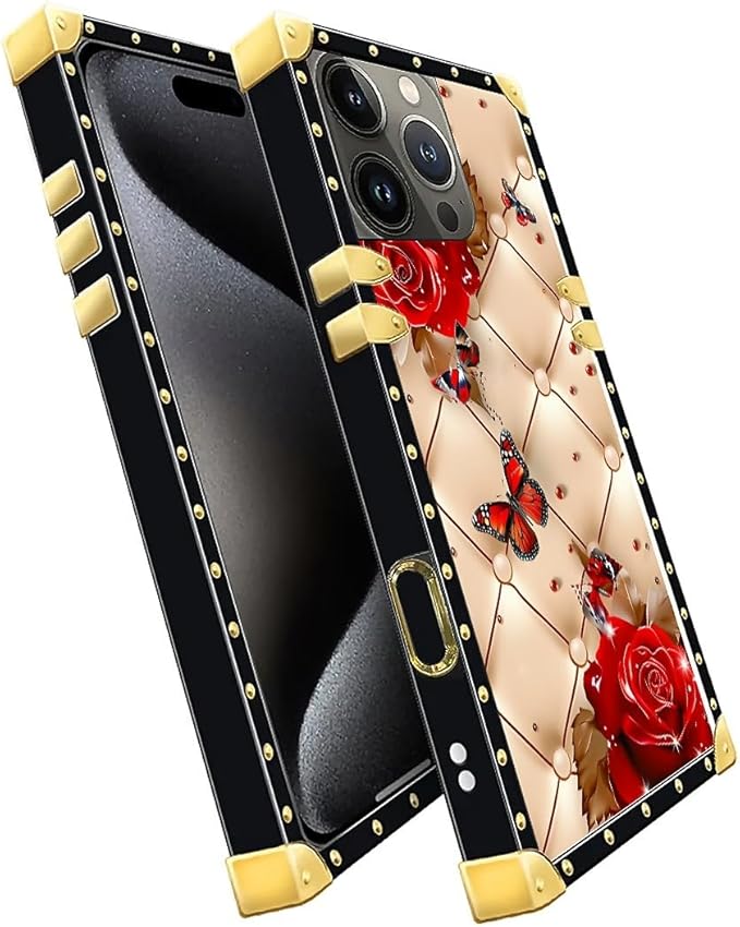 Compatible with iPhone 16 Pro Case, Shining Red Rose Butterfly Leather Background Luxury Golden Decoration for Girl Women Soft TPU Shockproof Protective Hard PC Back