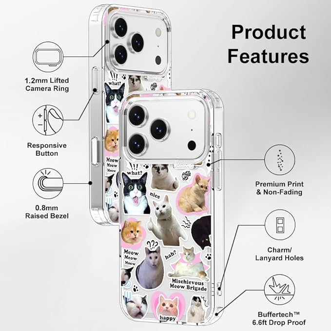 MOSNOVO for iPhone 17 Pro Case | Military Grade 6.6ft Drop Tested | Camera Control | Clear with The Cat Brigade Design