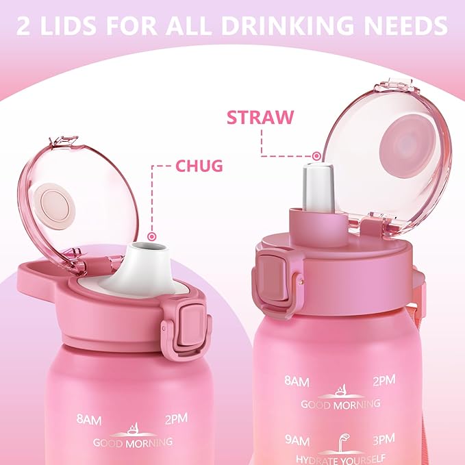 SLUXKE 17oz Insulated water bottles with 2 Lids (Straw and Chug Lid), 18/10 Stainless Steel Water Bottle BPA Free, Double Wall Vacuum Wide Mouth Insulated for Men, Women & Kids PINK WHITE