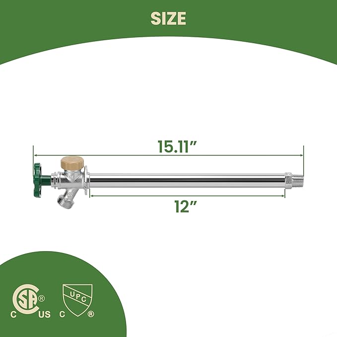 Watflow 12 Inch Anti-Siphon Frost Sillcock, ASME B16.34, Frost-Proof Outdoor Water Faucet, Wall Mount, 1/2" Push-to-Fit Connector to 3/4" GHT Hose Bib, 120 PSI, Outdoor/Frost-Proof Spigot