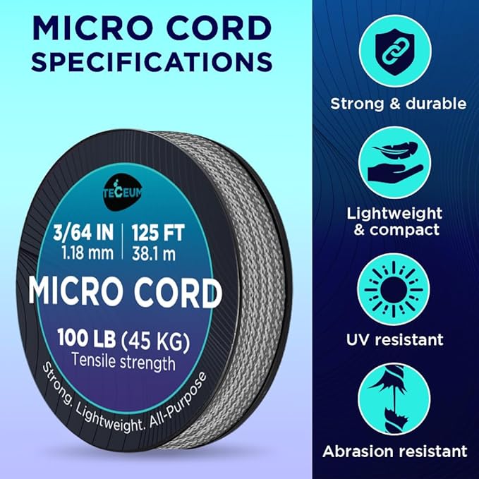 TECEUM Micro Paracord – 1.18 mm X 125 ft – Micro Utility Cord – Thin Braided Paracord Rope – Best for Crafting, DIY Projects, Fishing, Camping – Wind Chime Replacement – Survival Strong String