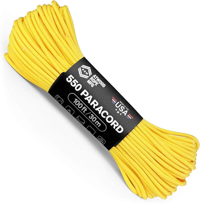 Atwood Rope MFG 550 Paracord 100 Feet 7-Strand Core Nylon Parachute Cord Outside Survival Gear Made in USA | Lanyards, Bracelets, Handle Wraps, Keychain (Yellow)