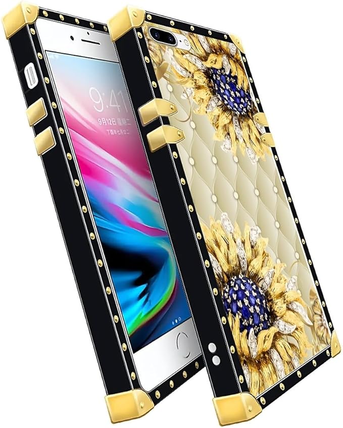 Compatible with iPhone 8 7 SE Case, Sunflower Diamonds Leather Luxury Golden Decoration for Girl Women Soft TPU Shockproof Protective Hard PC Back for iPhone 8 7 SE