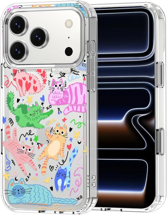 MOSNOVO for iPhone 17 Pro Case, Shockproof Military-Grade Protection 6.6ft Drop Tested, Camera Control, Clear Phone Case for iPhone 17 Pro, Doodle Cats Design