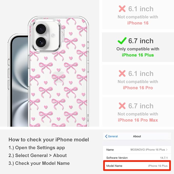 MOSNOVO Case for iPhone 16 Plus, [Buffertech 6.6ft Military-Grade Drop Protection] [Anti Peel Off Tech] Clear TPU Bumper Phone Case Cover Design - Bowtiful Love